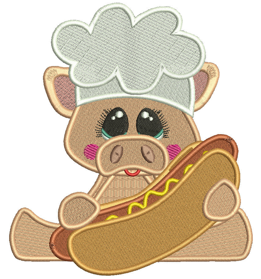Cute Pig Chef Holding Hot Dog Patriotic 4th Of July Independence Day Filled Machine Embroidery Design Digitized Pattern