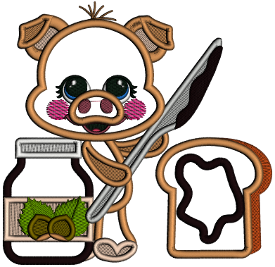 Cute Pig With Peanut Butter And Jelly Sandwich Applique Machine Embroidery Design Digitized Pattern