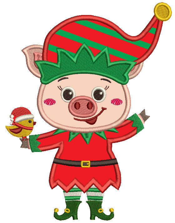 Cute Piggy Elf Christmas Applique Machine Embroidery Design Digitized Pattern