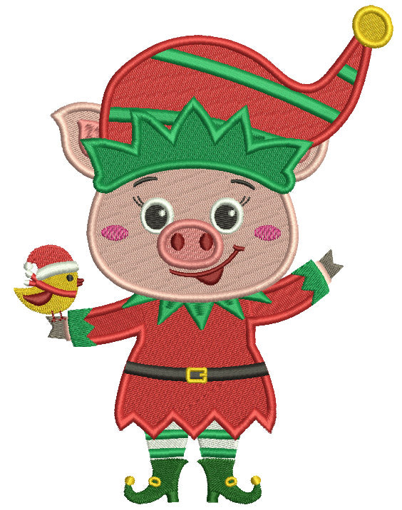 Cute Piggy Elf Christmas Filled Machine Embroidery Design Digitized Pattern