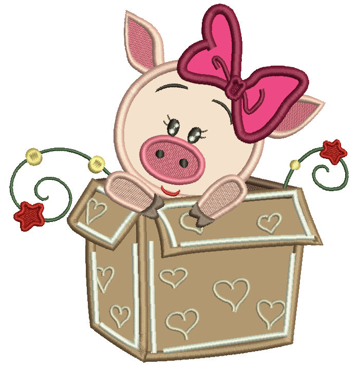 Cute Piggy Sitting In The Box Applique Machine Embroidery Design Digitized Pattern