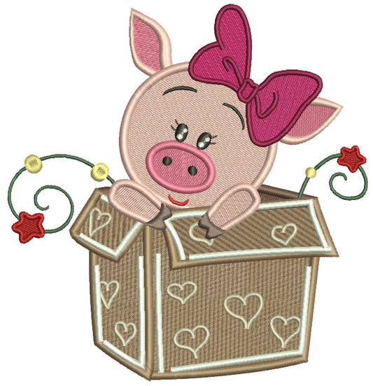 Cute Piggy Sitting In The Box Filled Machine Embroidery Design Digitized Pattern