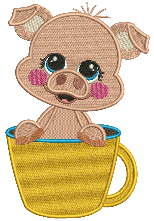 Cute Piggy Sitting In The Cup Filled Machine Embroidery Design Digitized Pattern