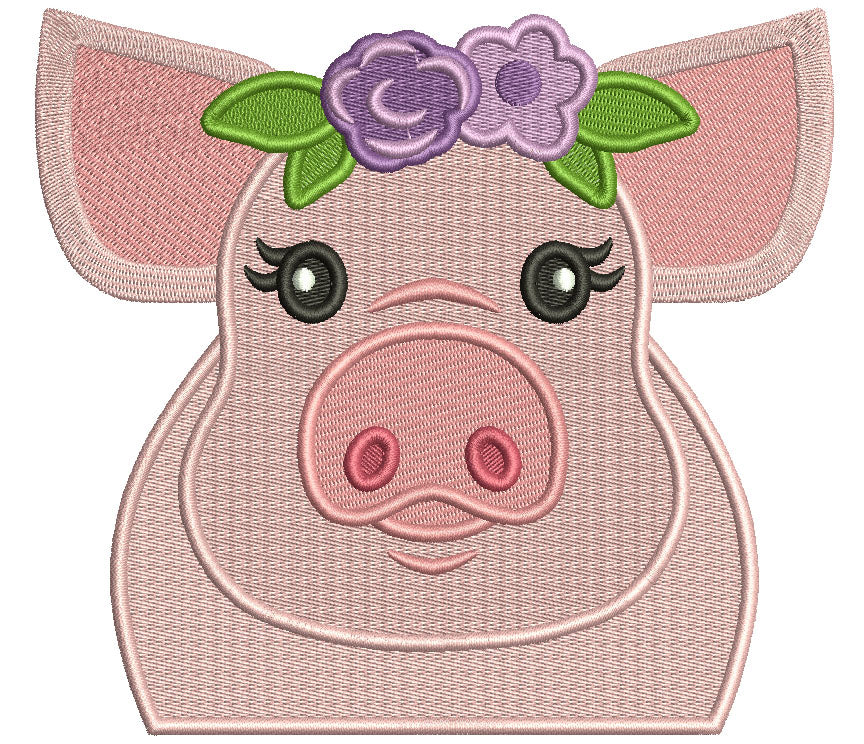 Cute Piggy With Flower Head Band Filled Machine Embroidery Design Digitized Pattern