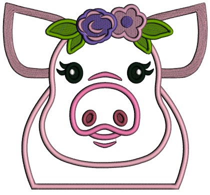 Cute Piggy With Flower Headband Applique Machine Embroidery Design Digitized Pattern