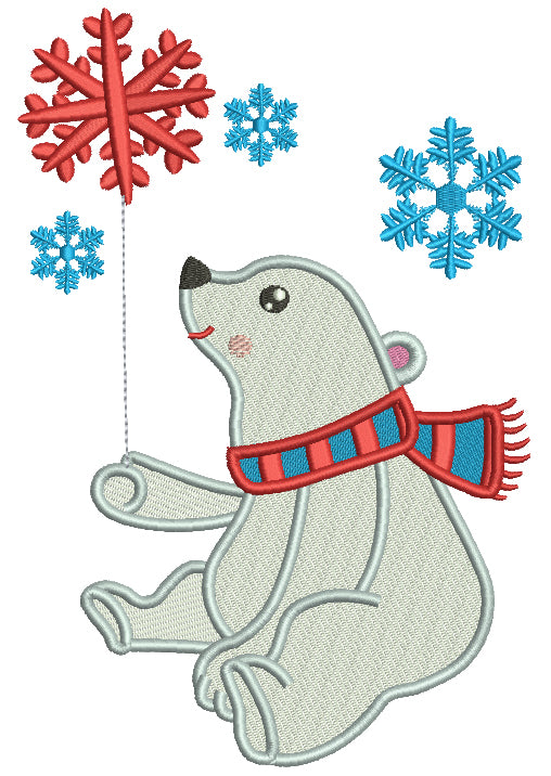 Cute Polar Bear Holding a Snowflake Christmas Filled Machine Embroidery Design Digitized Pattern