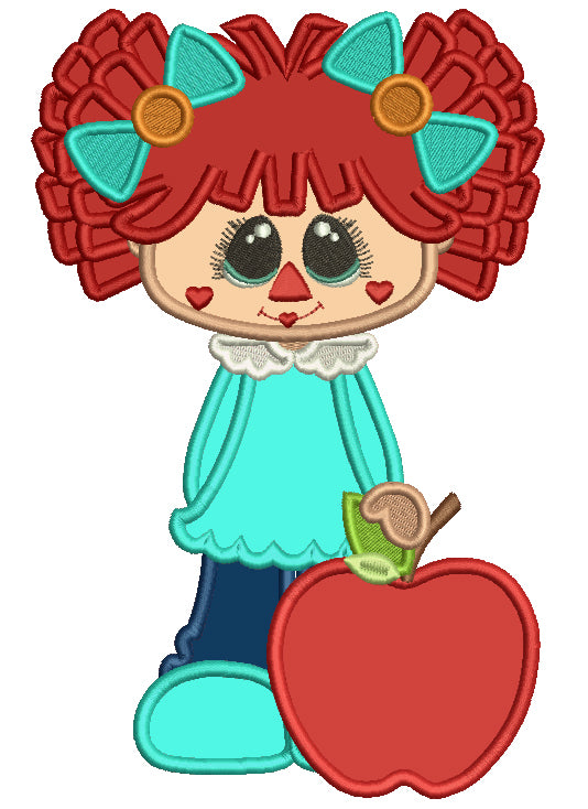 Cute Rag Doll Girl With Apple Applique Machine Embroidery Design Digitized Pattern