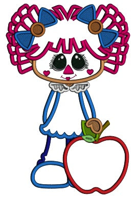 Cute Rag Doll Girl With Apple Applique Machine Embroidery Design Digitized Pattern