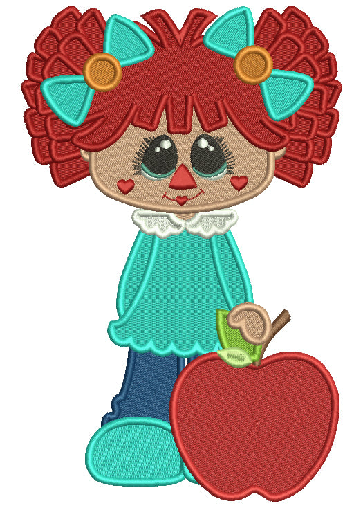 Cute Rag Doll Girl With Apple Filled Machine Embroidery Design Digitized Pattern