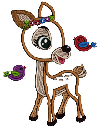 Cute Reindeer And Flying Birds Applique Machine Embroidery Digitized Design Pattern