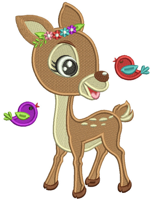 Cute Reindeer And Flying Birds Filled Machine Embroidery Digitized Design Pattern