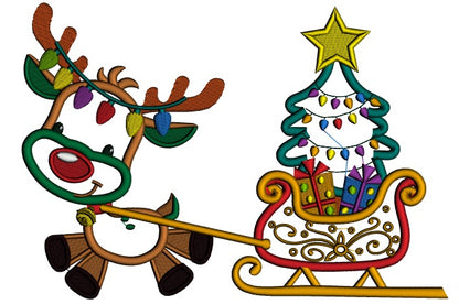 Cute Reindeer Pulling Sleigh With a Christmas Tree Applique Machine Embroidery Design Digitized Pattern