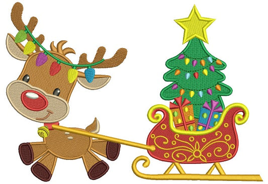 Cute Reindeer Pulling Sleigh With a Christmas Tree Filled Machine Embroidery Design Digitized Pattern
