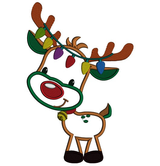 Cute Reindeer With Christmas Lights Applique Machine Embroidery Design Digitized Patter