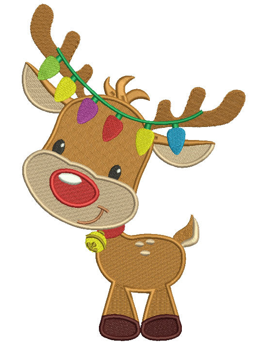 Cute Reindeer With Christmas Lights Filled Machine Embroidery Design Digitized Patter