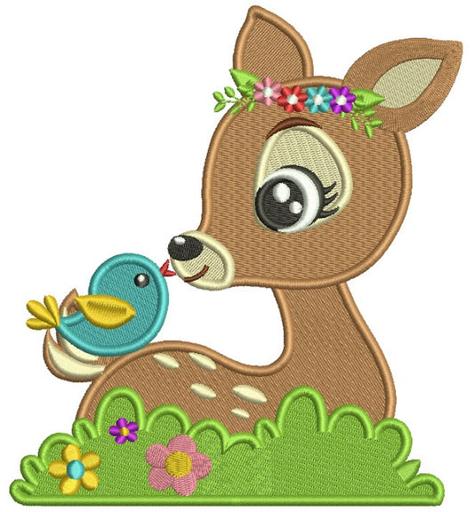 Cute Reindeer With a Bird Filled Machine Embroidery Digitized Design Pattern
