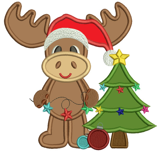 Cute Moose and Christmas Tree Applique Machine Embroidery Digitized Design Pattern