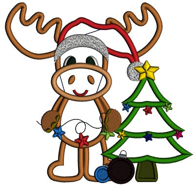 Cute Moose and Christmas Tree Applique Machine Embroidery Digitized Design Pattern