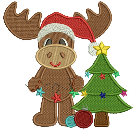 Cute Moose and Christmas Tree Filled Machine Embroidery Digitized Design Pattern