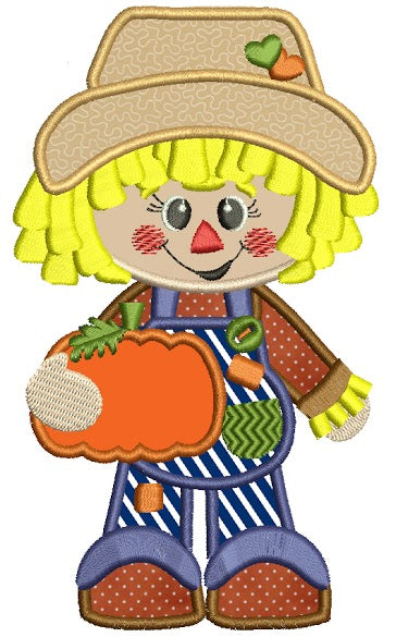 Cute Scarecrow Boy with a pumpkin Applique Machine Embroidery Digitized Design Pattern