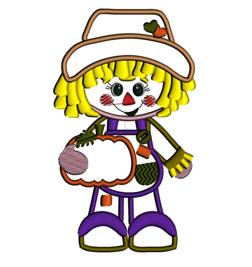 Cute Scarecrow Boy with a pumpkin Applique Machine Embroidery Digitized Design Pattern