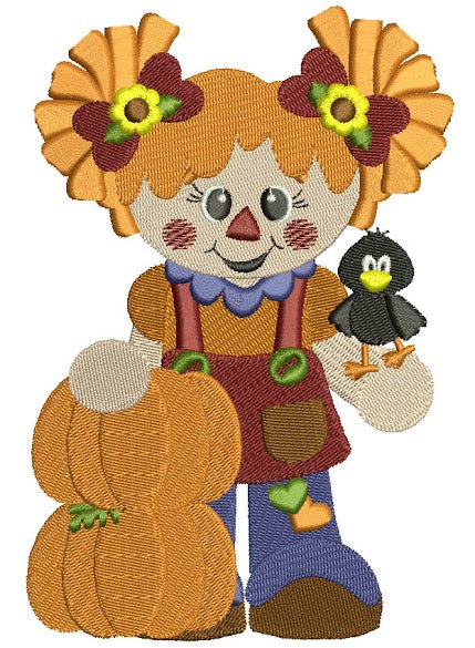 Cute Scarecrow Girl with two pumpkins Filled Machine Embroidery Digitized Design Pattern