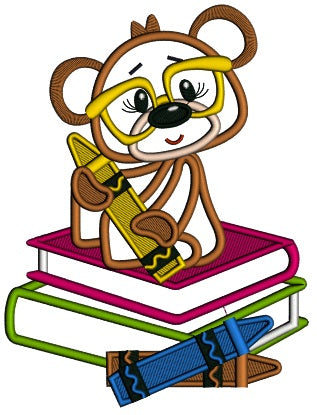 Cute School Bear Sitting On Books And Holding a Pencil Applique Machine Embroidery Design Digitized Pattern
