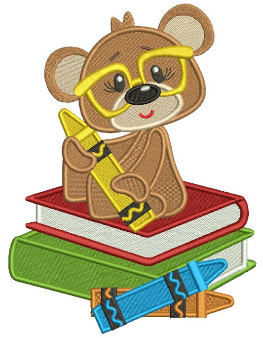 Cute School Bear Sitting On Books And Holding a Pencil Filled Machine Embroidery Design Digitized Pattern