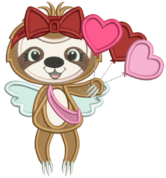Cute Sloth With Heart Shaped Balloons Applique Valentine's Day Machine Embroidery Design Digitized Pattern