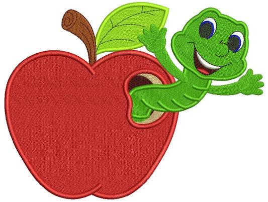 Cute Smiling Book Worm Inside Apple School Filled Machine Embroidery Design Digitized Pattern