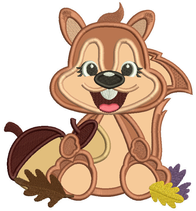 Cute Smiling Squirrel With Acorn And Leaves Fall Applique Thanksgiving Machine Embroidery Design Digitized Pattern