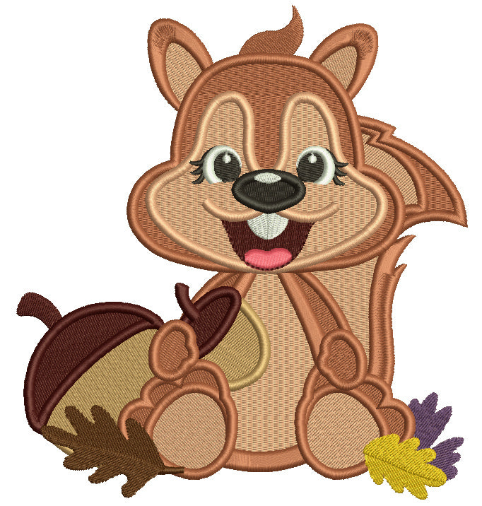 Cute Smiling Squirrel With Acorn And Leaves Fall Filled Thanksgiving Machine Embroidery Design Digitized Pattern