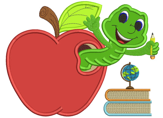 Cute Smiling Worm Inside With Books Inside Apple School Applique Machine Embroidery Design Digitized Pattern