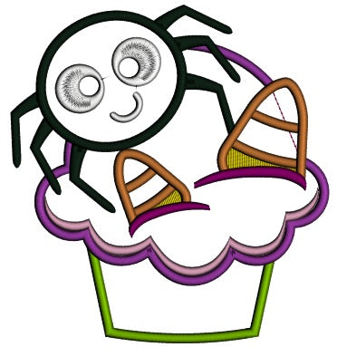 Cute Spider Sitting on a Cupcake With Candy Corns Halloween Applique Machine Embroidery Digitized Design Pattern