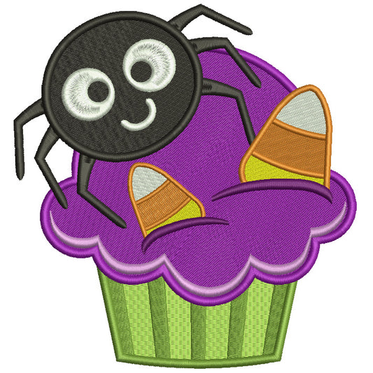 Cute Spider Sitting on a Cupcake With Candy Corns Halloween Filled Machine Embroidery Digitized Design Pattern