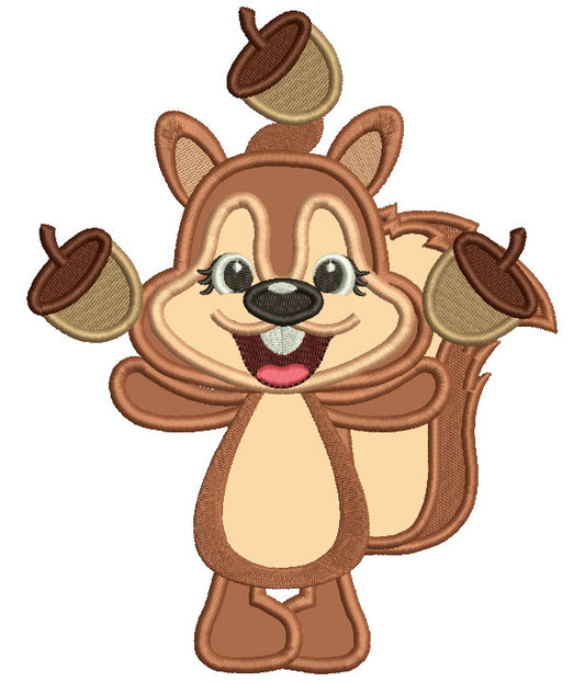Cute Squirrel Juggling Acorns Fall Applique Thanksgiving Machine Embroidery Design Digitized Pattern