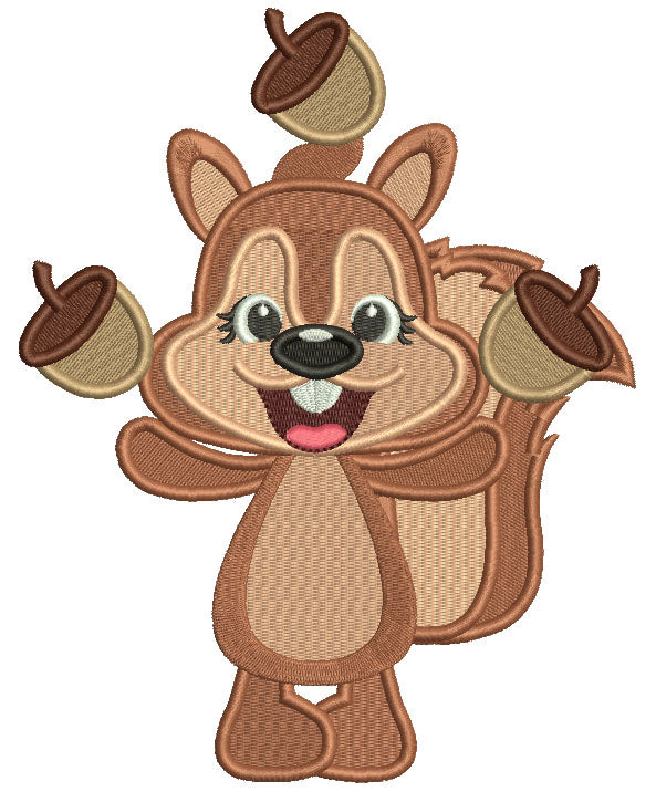 Cute Squirrel Juggling Acorns Fall Filled Thanksgiving Machine Embroidery Design Digitized Pattern