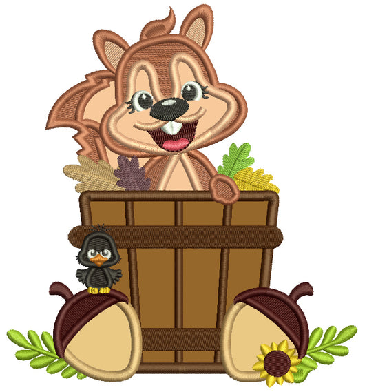 Cute Squirrel Sitting In The Basket With Leaves Fall Applique Thanksgiving Machine Embroidery Design Digitized Pattern