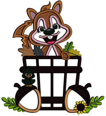 Cute Squirrel Sitting In The Basket With Leaves Fall Applique Thanksgiving Machine Embroidery Design Digitized Pattern