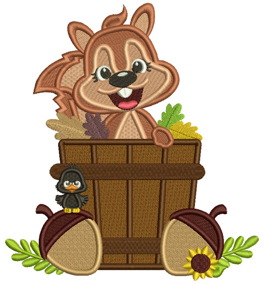 Cute Squirrel Sitting In The Basket With Leaves Fall Filled Thanksgiving Machine Embroidery Design Digitized Pattern