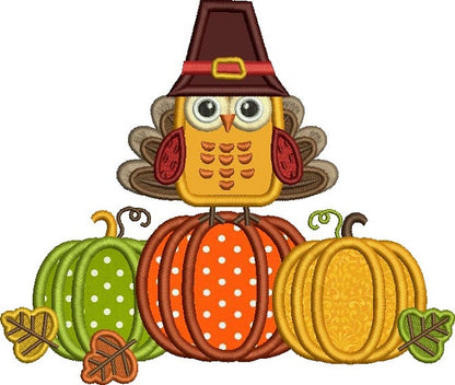 Cute Thanksgiving Turkey Wearing Big Hat And Sitting On Pumpkins Applique Machine Embroidery Design Digitized Pattern