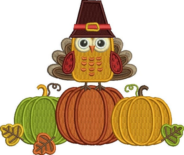 Cute Thanksgiving Turkey Wearing Big Hat And Sitting On Pumpkins Filled Machine Embroidery Design Digitized Pattern
