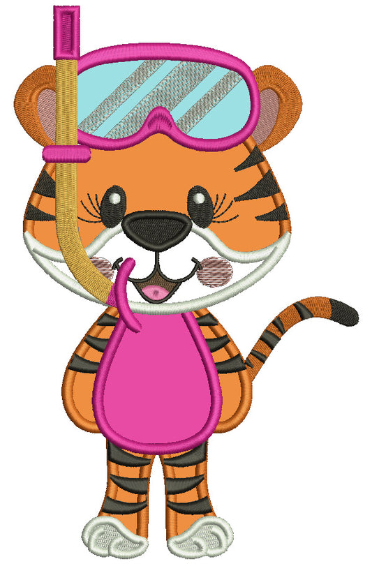 Cute Tiger Boy Ready With Snorkeling Mask In The Pool Summer Applique Machine Embroidery Design Digitized Pattern
