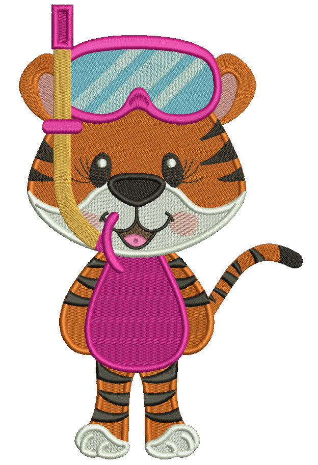 Cute Tiger Boy Ready With Snorkeling Mask In The Pool Summer Filled Machine Embroidery Design Digitized Pattern