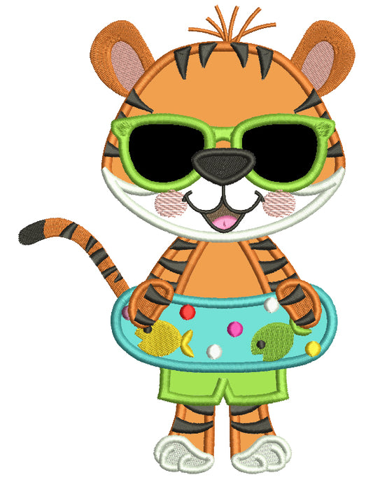 Cute Tiger Girl With Inflatable Swimming Tube Summer Applique Machine Embroidery Design Digitized Pattern