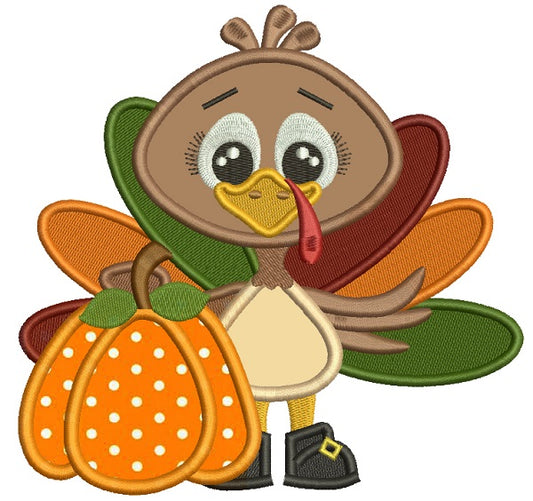 Cute Turkey Holding a Pumpkin Thanksgiving Applique Machine Embroidery Design Digitized Pattern