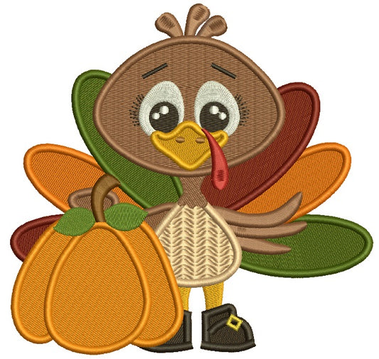 Cute Turkey Holding a Pumpkin Thanksgiving Filled Machine Embroidery Design Digitized Pattern
