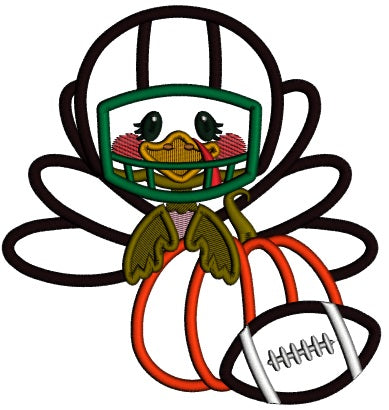 Cute Turkey Wearing Football Helmet Holding Pumpkin Applique Thanksgiving Machine Embroidery Design Digitized Pattern
