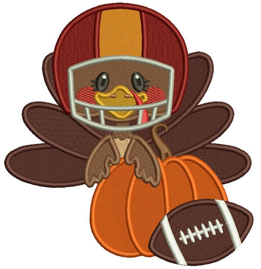 Cute Turkey Wearing Football Helmet Holding Pumpkin Filled Thanksgiving Machine Embroidery Design Digitized Pattern