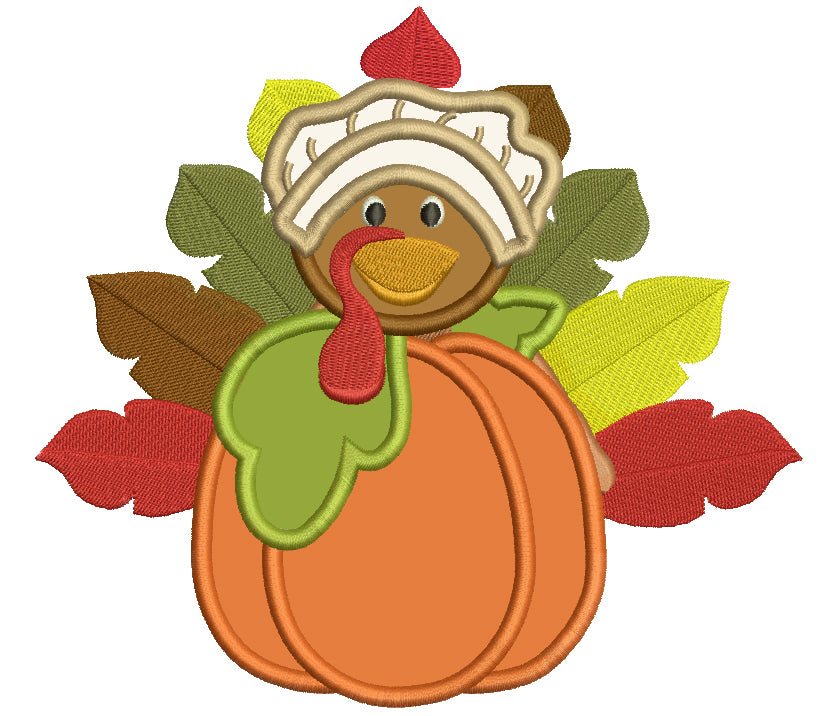 Cute Turkey With Gorgeous Feathers Behind a Pumpkin Thanksgiving Applique Machine Embroidery Digitized Design Pattern